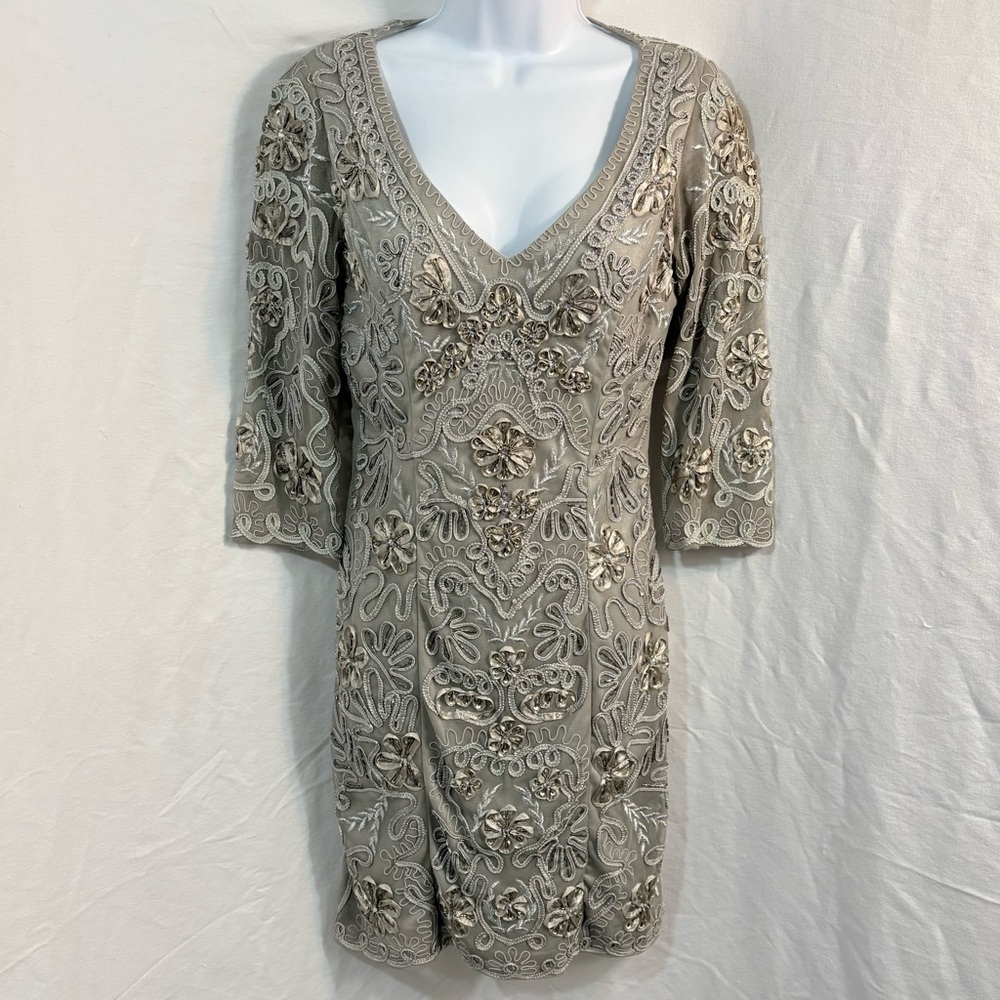 Y2K Sue Wong Floral Embroidered Mini Dress in Taupe - Picture 12 of 12